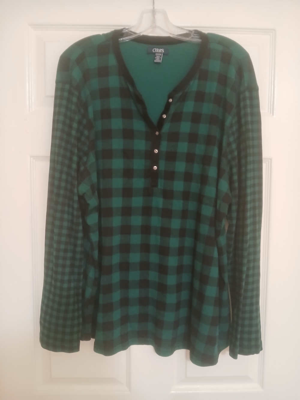 Chaps Black and Green Plaid Henley Shirt